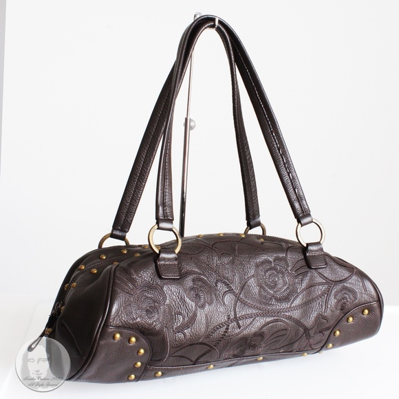 Sondra Roberts Bag Satchel Brown Leather Floral Embossed Studs - Picture 3 of 10